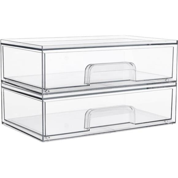 Clear Acrylic Storage Drawers 2 Pack Stackable Makeup Bathroom Organizer Bins - Picture 1 of 7